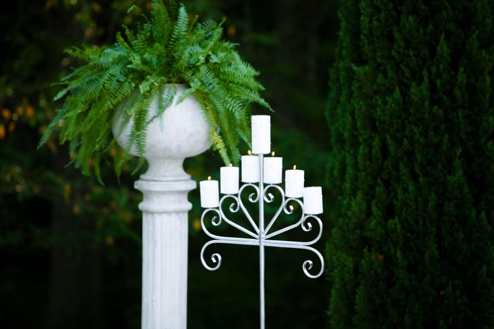 White candelabra and fern on a pedestal